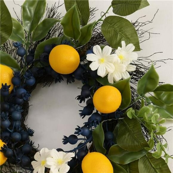 Lemon Wreath with Lights 16in Spring Summer Front Door Decor with Greenery - Picture 5 of 7